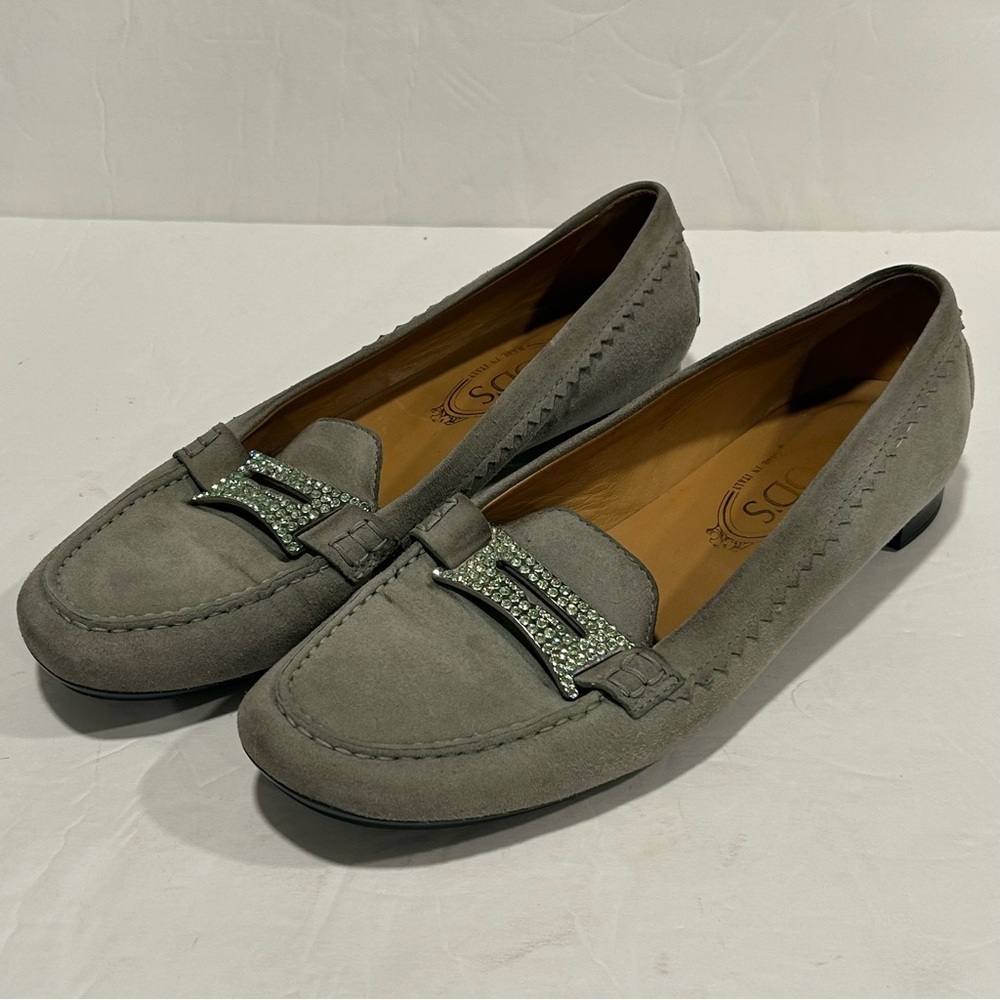 TOD’S Suede Leather Driving Loafers Rhinestone Crystal Buckle, Gray, Sz 9.5